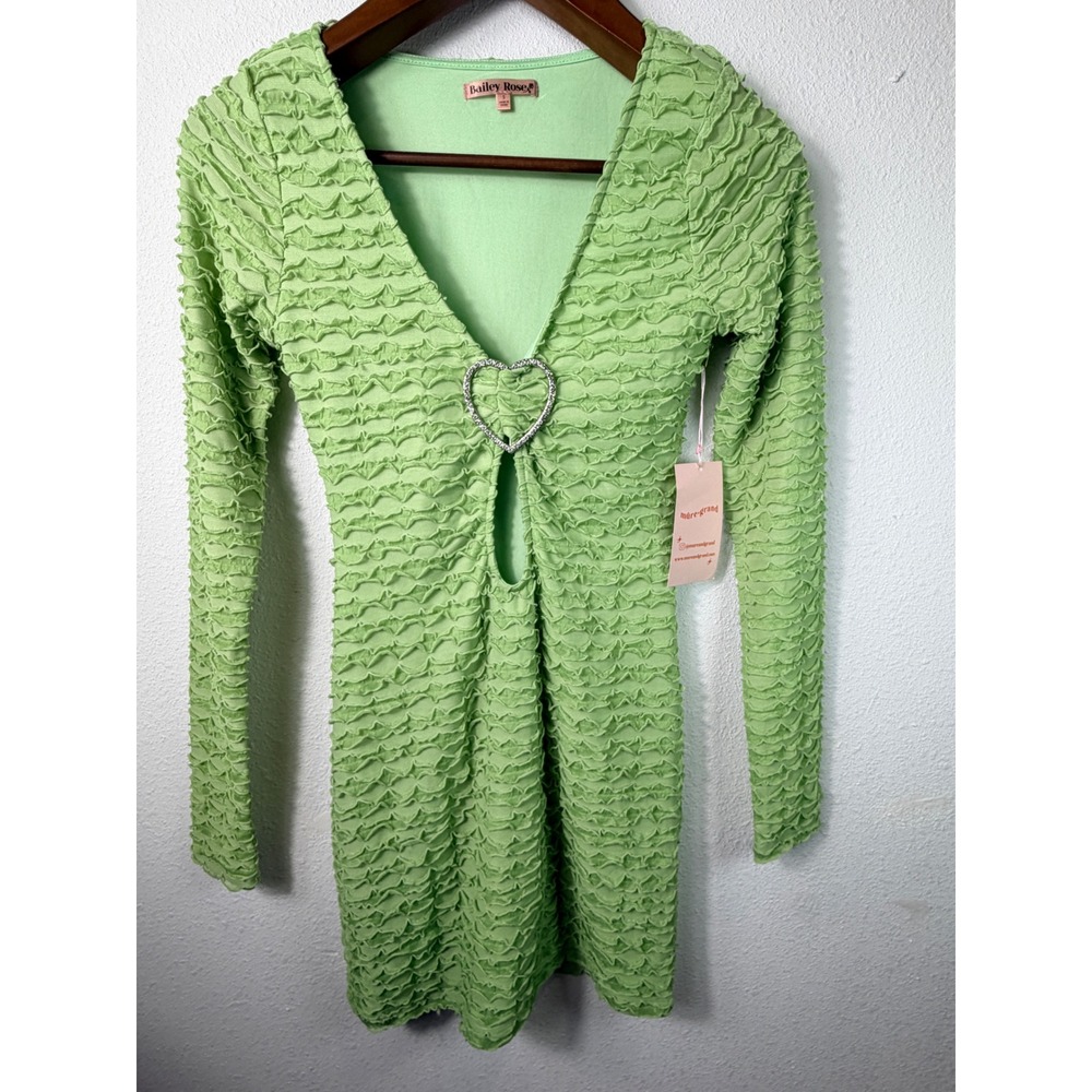 Bailey Rose Womens Squiggle Dress Pistachio Green S NWT Heart Rhinestone Mini